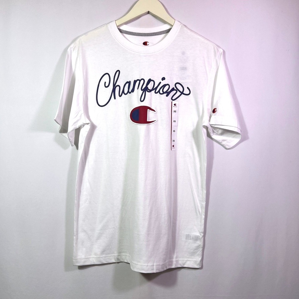 Champion Mens Stark White Script Logo Big C Graphic Tee Short Sleeve Size XS NWT